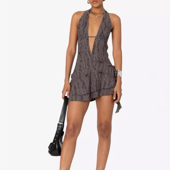 Edikted Dresses & Skirts - Women’s Edikted Shredded Backless Halter Mini Dress Deep V-Neck Grunge Small